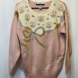 Dana Scott Pink Holiday Christmas Bow Floral knit Sweater